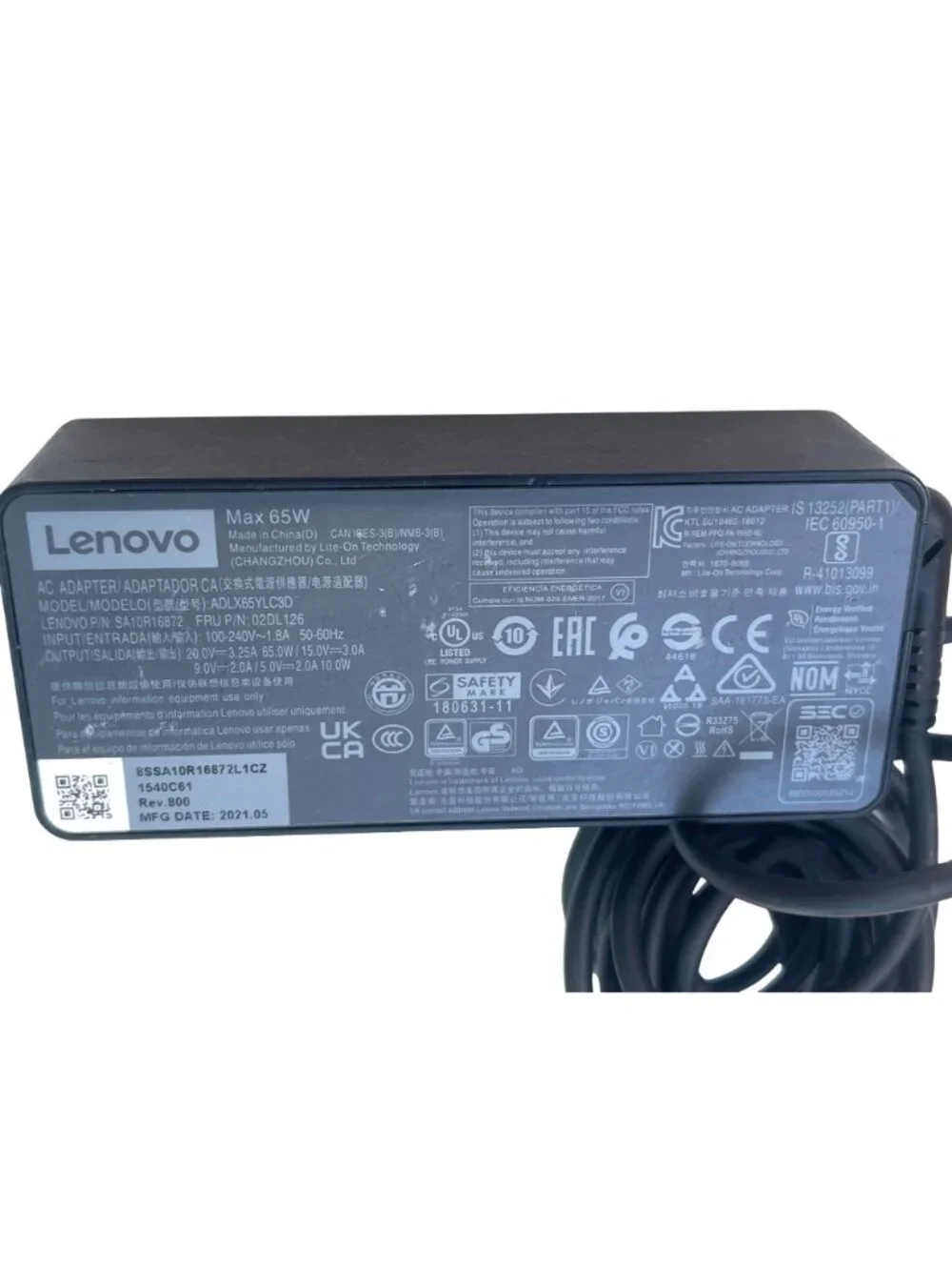 Lenovo 65W USB-C Laptop Charger With Power Cord - Model ADLX65YLC3D 33b